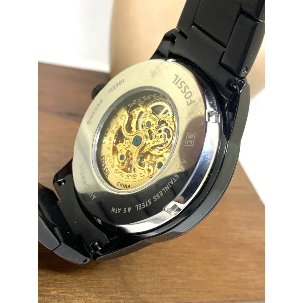 Fossil Men's Watch BQ2092 Flynn Automatic Gold Black Dial Stainless Steel 48mm